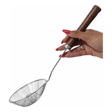 Imagem de Escumadeira Multiuso Aço Inox Grande 40cm Cabo De Madeira Frituras Coz