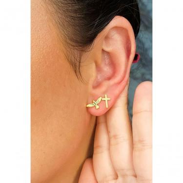 Imagem de Brinco Floratta Joias Duo de Cruz e Espírito Santo Banhado em Ouro 18K 0,9CM Dourado Feminino