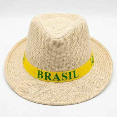 Imagem de Chapéu Malandrinho Palha Sintético Bege Fita Brasil Fedora