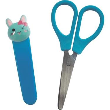 Imagem de Tesoura Escolar 12,5cm Divertida com Capa Protetora - - KIT, Azul