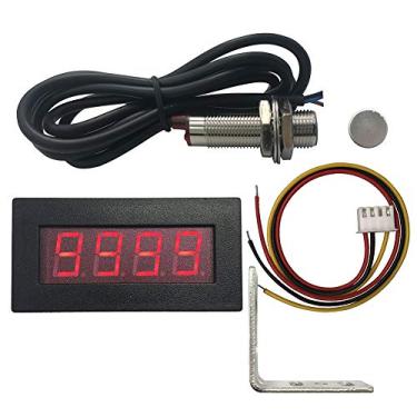 Imagem de DIGITEN 4 tacômetro digital vermelho LED RPM velocidade + interruptor de proximidade hall sensor magnético NPN + suporte de montagem do sensor para correia transportadora de torno