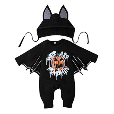 Imagem de Macacão para meninos e meninas recém-nascidos com estampas de desenhos animados de Halloween macacão fantasia infantil chapéu roupas para meninos (preto, 6-9 meses)
