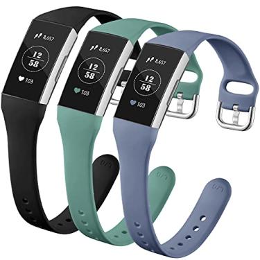 Imagem de GEAK Pulseiras femininas compatíveis com Fitbit Charge 3/fitbit Charge 4, fina e macia de silicone para Fitbit Charge 3/Charge 3 SE/Charge 4, grande, preto/verde-pinha/cinza azul