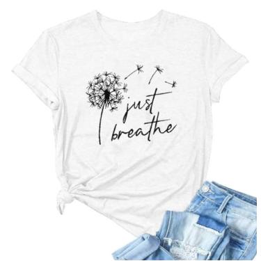 Imagem de Camiseta feminina com estampa de dente-de-leão flores silvestres faça um desejo vintage, camisetas divertidas de verão de manga curta, Branco 2, P