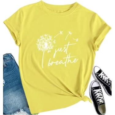 Imagem de Camiseta feminina com estampa de dente-de-leão flores silvestres faça um desejo vintage, camisetas divertidas de verão de manga curta, Amarelo 2, M