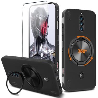 Imagem de Capa protetora de silicone Nubia Red Magic 8 Pro com protetor de tela de vidro, suporte de anel giratório 360 - preta