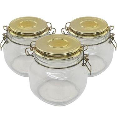Imagem de Kit 3 Pote Vidro Tampa Hermética Dourado Porta Mantimento Com Trava 80