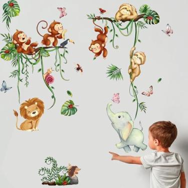 Imagem de BOAMAU Adesivos de parede de animais selvagens floresta safári decalques de parede quarto de criança quarto de bebê decoração de quarto de bebê (videira verde macaco elefante borboleta)