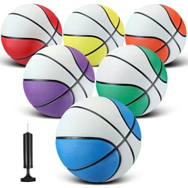 Imagem de Jenaai 6 peças de bolas de basquete de borracha tamanho oficial bolas de rua multicoloridas com bomba conjunto de basquete simples para presentes de jovens adultos jogos de treinamento ao ar livre