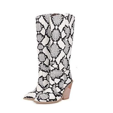 Imagem de Bigfanshu Botas femininas de cowboy na altura do joelho com estampa de cobra estilo estranho salto alto botas longas outono inverno atlético conforto ocasião elástica cano alto clima frio e botas de pele, Branco, 41 BR