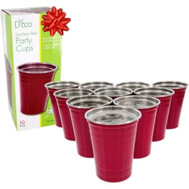 Imagem de D'Eco Copos de festa vermelhos reutilizáveis de 473 ml (pacote com 10) - Copos de aço inoxidável inquebráveis para lava-louças - Perfeito para jogos de festa de Natal, hospedagem e entretenimento -
