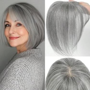 Imagem de Civrie Short Bob Hair Topper para mulheres com franja lateral parte lateral 25,4 cm Toppers de cabelo sintético para mulheres tops de peruca de cabelo fino (cinza misto)