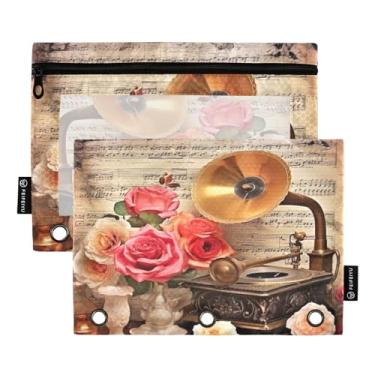 Imagem de Wassud Bolsa de lápis para fichário de 3 anéis, bolsa transparente com zíper suave, vintage, gramofone e rosas, estojo para fichário, pacote com 2