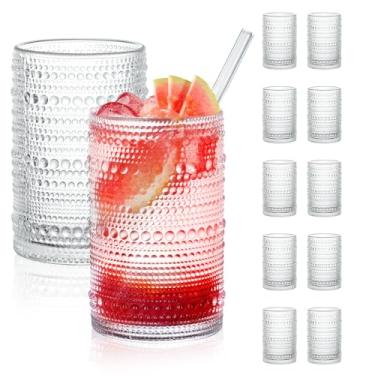 Imagem de FULGNU Conjunto de 12 copos de bebida Hobnail de grande capacidade de 425 g com canudos, conjunto de copos vintage, copos de vidro com contas em relevo para cozinha, cerveja, suco, coquetel, uísque