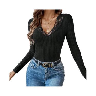 Imagem de Macacão Feminino Slim Fit Com Decote Em V E Detalhes Em Renda, Manga L