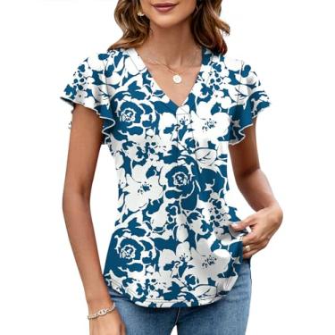 Imagem de Lomon Camisetas femininas elegantes casuais de verão manga com babados esvoaçantes manga curta solta gola V túnica, A-floral 1, M