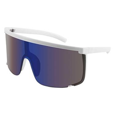 Imagem de Karsaer Óculos de sol Vision Shield para homens e mulheres grandes neon anos 80 anos 90 viseira estilo esportivo ao ar livre ciclismo esqui, Espelhado azul branco, Large