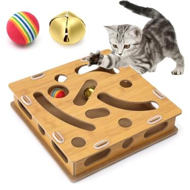 Imagem de Brinquedos de quebra-cabeça para gatos, brinquedos interativos para gatos internos com uma bola de sino e bola de arco-íris, brinquedos de madeira para gatos com furos para gatos brincarem, incrível