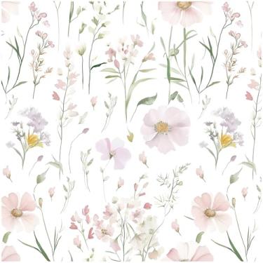 Imagem de HELLKIT Papel de parede floral Peel and Stick Boho Papel de parede autoadesivo removível rosa floral 17,3 pol. x 197 polegadas papel de parede flores silvestres brancas para quarto banheiro papel de