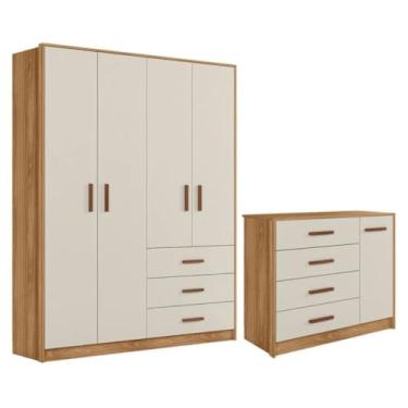 Imagem de Conjunto Quarto de Bebê Pérola, Guarda Roupa 4 Portas 3 Gavetas e Cômoda 4 Gavetas, Branco, (Nature/Off White)
