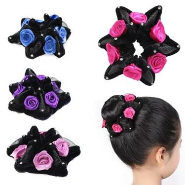 Imagem de iRIIRIO 4 peças de laços de cabelo coloridos para coque de cabelo floral hexagonal, laços de cabelo elásticos fortes com flores, acessórios de cabelo para mulheres meninas dançarinas (roxo/rosa/azul
