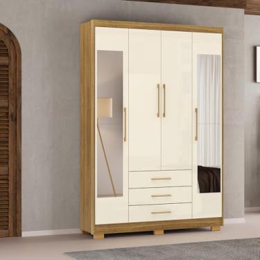Imagem de Guarda Roupa Solteiro Linna 150cm 4 Portas de Bater 2 com Espelhos 3 Gavetas Nature/OffWhite G98 - Gran Belo