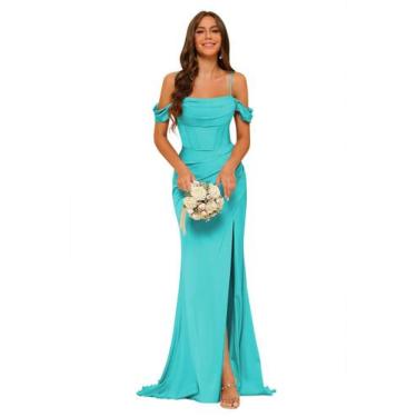 Imagem de Vestido de dama de honra Clothfun, cetim, sereia, gola alta com fenda