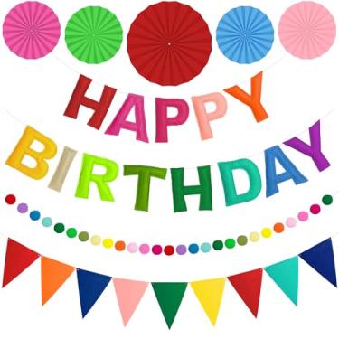 Imagem de Danadia Decorações de aniversário arco-íris, faixa pré-amarrada de feliz aniversário, faixa de feltro 3D