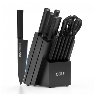 Imagem de Conjunto de Facas em Aço Inoxidável com Bloco de Bancada e Afiador Embutido, 15 Peças, OOU, Preto