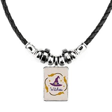 Imagem de DIYthinker Chapéu roxo padrão de desenho animado Halloween colar joia torque pingente de corda de couro