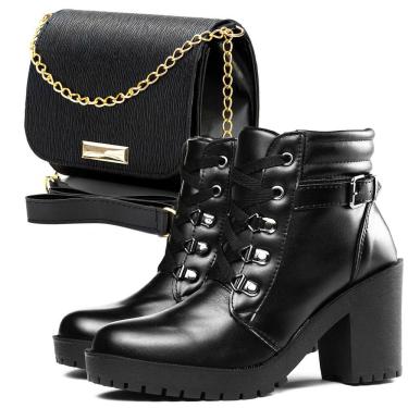 Imagem de Kit Bota Feminina Salto Alto Casual Cano Curto + Bolsa Feminina