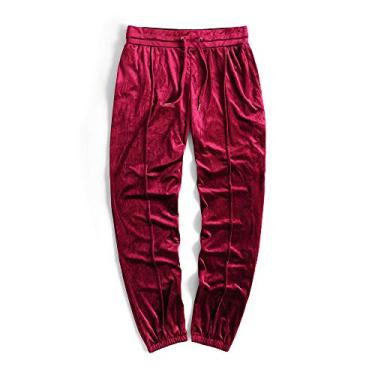 Imagem de Calça de moletom masculina de veludo sólido da HANGJIA, calça de veludo solta, casual, calça de veludo, Vermelho, Medium