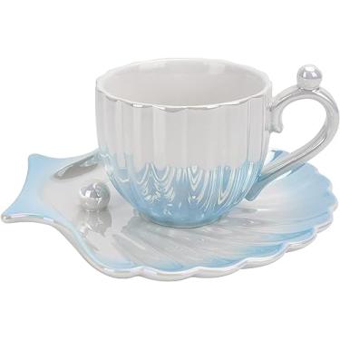 Imagem de WDOPEN Caneca de café de cerâmica com pires, copo de concha de pérola criativa, canecas de café fofas para escritório e casa, 184 g/200 ml (azul)