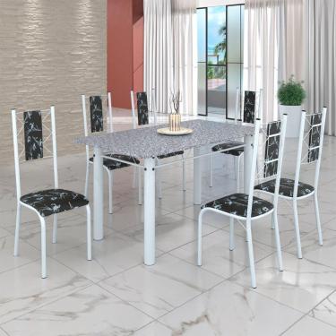 Imagem de Conjunto Sala de Jantar Bahia Mesa Tubo 140x75cm Tampo Pedra Granito com 6 Cadeiras Preto Floral/Branco