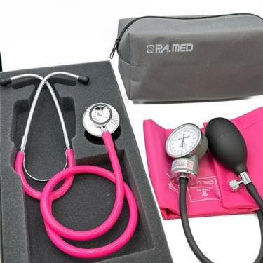 Imagem de Kit Enfermagem Acadêmico Rosa Chiclé Pink Estetoscópio Esfigmo Ap de Pressão Com Bolsa P.A Med 2 Anos de Garantia