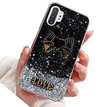 Imagem de Rnrieyta Capa Miagon com glitter para Huawei P30 Pro, capa protetora de silicone macia e fina com estrela brilhante para meninas e mulheres, coração com nó de laço preto