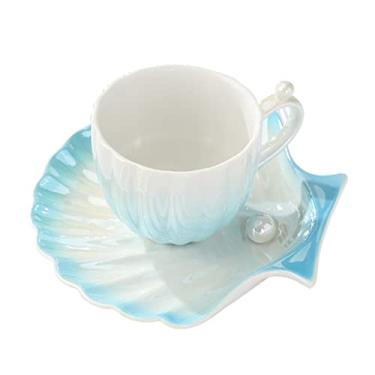 Imagem de Caneca criativa concha pérola cerâmica café feito à mão xícara de chá conjunto de pires para amigos (como mostrado tamanho único)