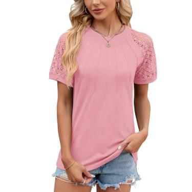 Imagem de Blostirno Camisetas femininas de verão plissadas gola redonda patchwork renda manga curta blusas elegantes casuais, rosa, G