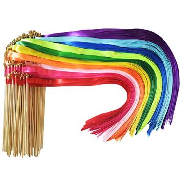 Imagem de Kingsnow 100 Pieces Multi-Color Ribbon Wands Streamers Sticks with Gold Bell, Chromatic Silk Wish Wands Fairy Stick Party Rhythm Ribbon Streamers for Wedding Send Off Bridal Shower Party Photo Props