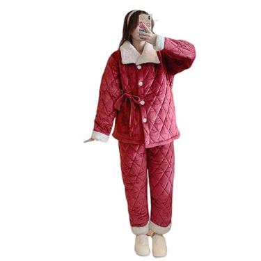 Imagem de LUBOSE Pijamas femininos confortáveis, conjunto de pijamas femininos, pijamas femininos de veludo coral, pijamas térmicos femininos, dois conjuntos de pijamas femininos-vermelho1XL64, Vermelho 1, E