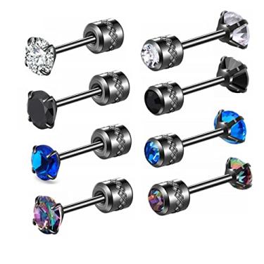 Imagem de ZQGOFPT 4 pares de brincos de titânio com parafuso nas costas para homens e mulheres, arco-íris 5A, zircônia cúbica, aço inoxidável cirúrgico, piercing de dois lados, para dormir, brincos sensíveis,