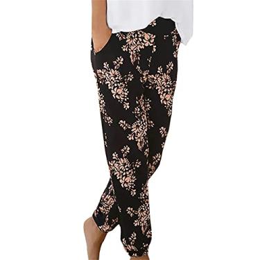 Imagem de Lainuyoah Calça cropped leve para mulheres verão plus size estampa floral boho cintura elástica férias calças afuniladas, A - laranja, P