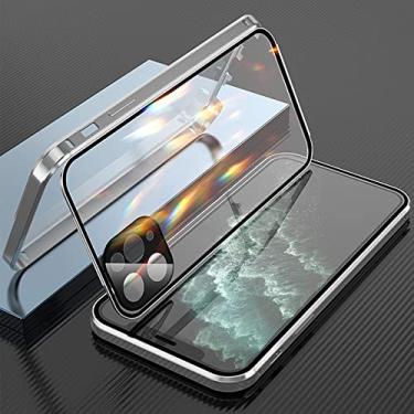 Imagem de YEXIONGYAN Capa magnética para iPhone 14/14 Plus/14 Pro/14 Pro Max vidro temperado dupla face com protetor de câmera à prova de choque de alumínio 360 coberto por tela inteira (prata, iPhone14 Pro)