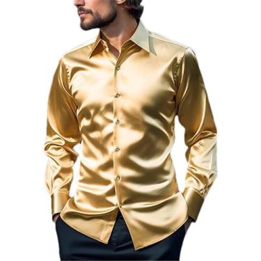 Imagem de Camisas e blusas masculinas de seda de cetim cor sólida slim fit festa manga longa social roupas masculinas, Amarelo, M