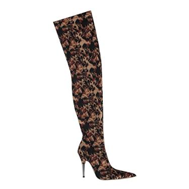 Imagem de Moda feminina estampa floral coxa botas altas sexy dedo apontado sobre o joelho botas vestido de salto agulha botas com zíper lateral sapatos de bota longa elástica (marrom 36 UE)