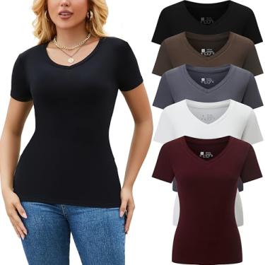 Imagem de Vomidia Camiseta feminina de manga curta com nervuras, caimento justo, gola V, colado ao corpo, 5 peças, Pacote com 5: preto/branco/café/vermelho/cinza, XXG