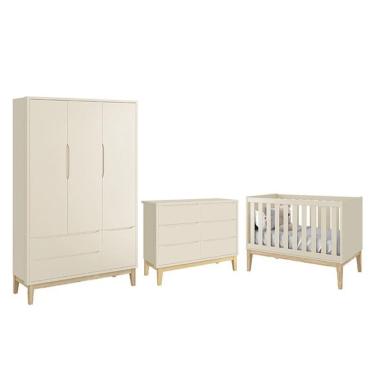 Imagem de Dormitório Completo Infantil Classic 3 Portas, Cômoda 6 Gavetas e Berço com Pés Madeira Natural - Reller Móveis
