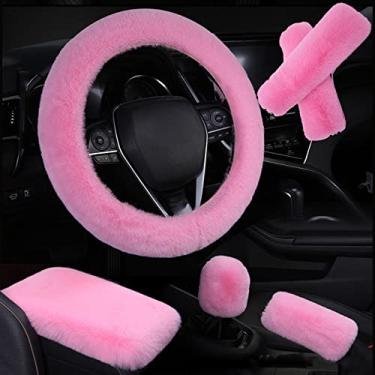 Imagem de SPANICE 6 peças em 1 conjunto capa de volante de lã sintética fofa e capa de freio de mão macia e capa de mudança de marcha, 2 peças ombreiras de cinto de segurança e capa de console central ajuste universal quente (rosa)