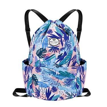 Imagem de HUA ANGEL Mochila com cordão, bolsa esportiva para academia, leve, pequena, para homens e mulheres, bolsa de praia esportiva, Folhas azuis e roxas, 12.4" x 6.3" x 18.7", Mochilas de viagem