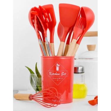 Imagem de jogo kit colheres de silicone cabo de madeira 12 peças utensilios cozi